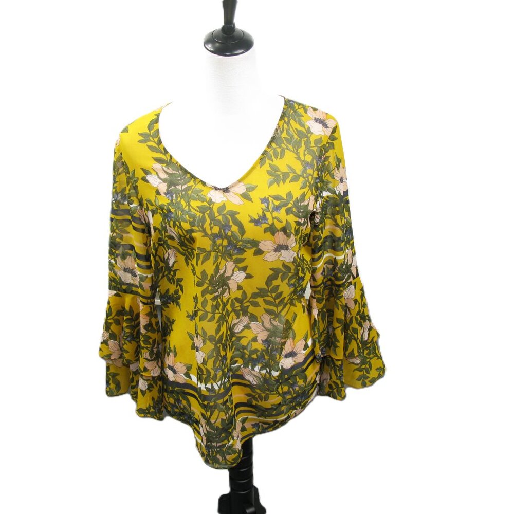 Cabi Yellow Floral Semi Sheer Pull Over Blouse Size Small